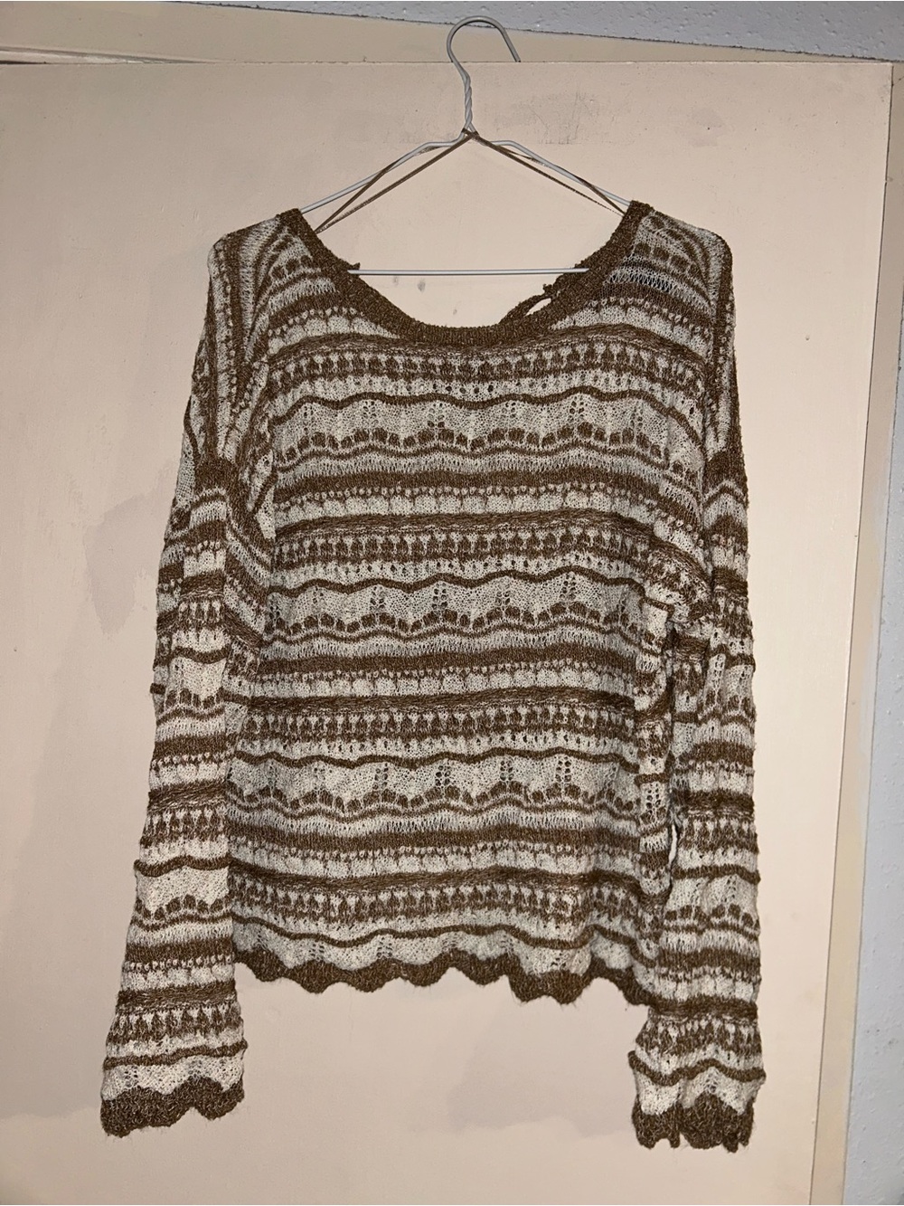 Women's Crochet Stripe Top - Brown & Cream